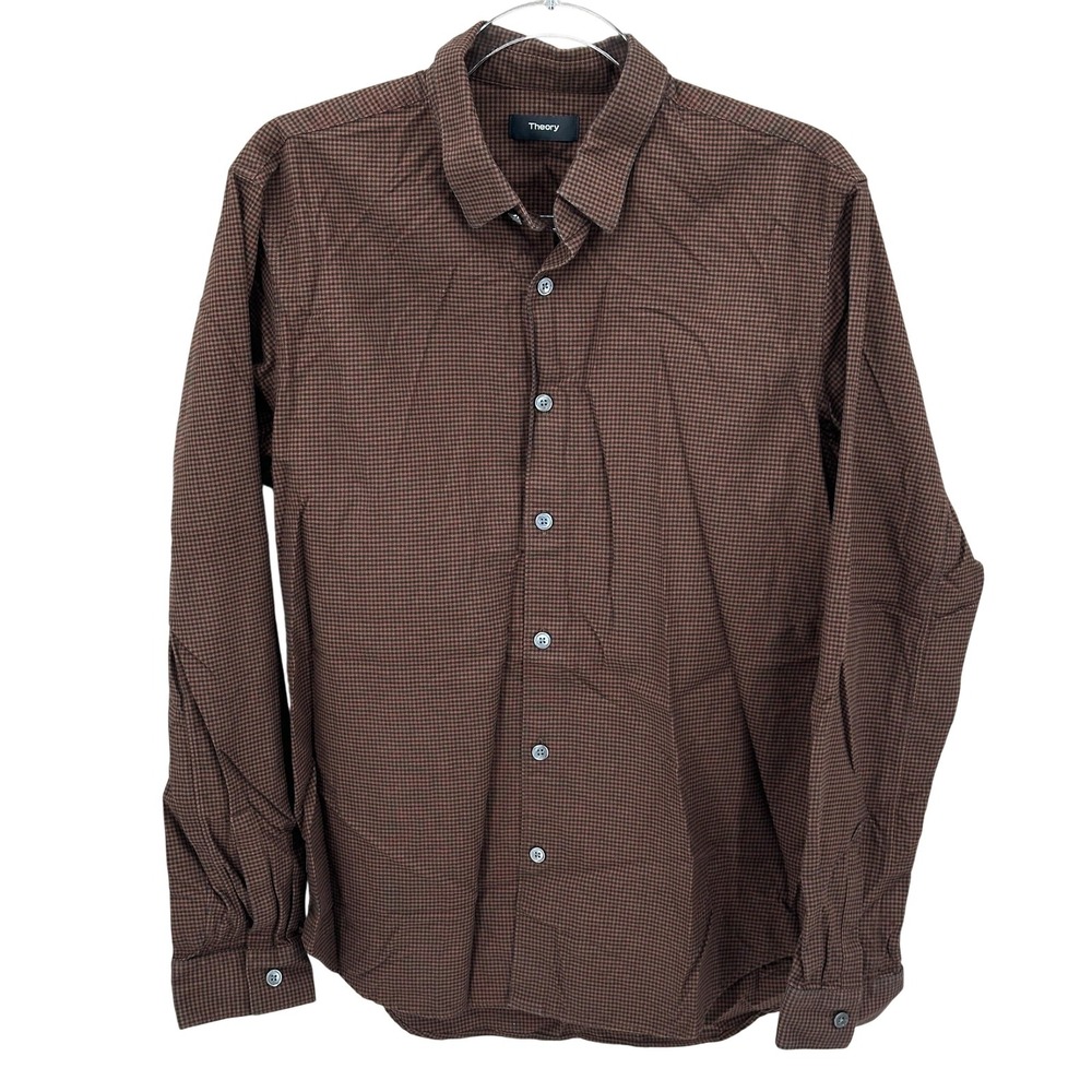 Theory Shirt Mens Large Brown Rammy Flannel Mini Grid Long Sleeve Button Up Work